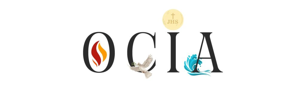Logo featuring the letters 'OCIA' with symbolic imagery including a flame, a dove, and a wave, along with a circular element marked 'JHS' and a cross.
