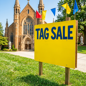 Neighborhood multi-family tag sale event Colorful sign advertising a multi-family tag sale with details and people shopping in the background